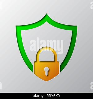 A green shield with padlock from cut paper with shadow. Vector illustration. Abstract shield with padlock cut from paper Stock Vector