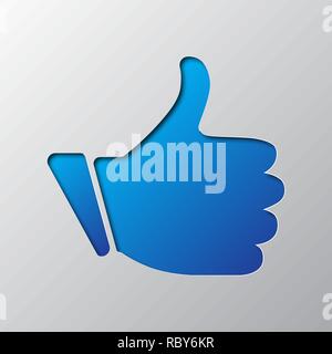 The thumb up is cut from the paper. Vector illustration. Paper art of the blue Ok symbol, isolated. Stock Vector