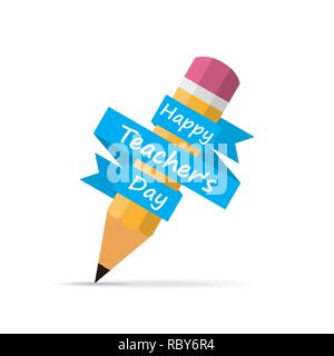 Happy Teachers Day banner with pencil and ribbon, isolated on white background. Vector illustration. Stock Vector