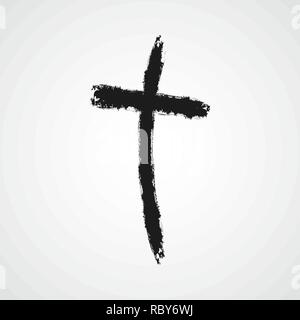 Black drawing of christian cross in doodle cartoon style. Vector illustration. Hand drawn christian cross, isolated. Stock Vector