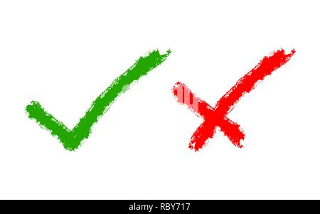 Hand drawn red cross and green check mark. Vector illustration. Symbols of Like and Dislike, isolated. Stock Vector