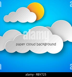 Paper art of clouds and yellow sun on blue background. Vector illustration. Abstract background with cloud Stock Vector