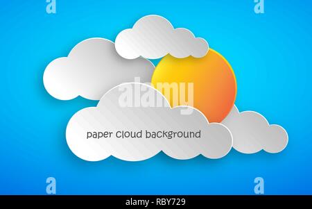 Paper art of clouds and yellow sun on blue background. Vector illustration. Abstract background with cloud Stock Vector