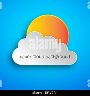Paper art of cloud and yellow sun on blue background. Vector illustration. Abstract background with cloud Stock Vector