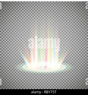 Magic fantasy portal. Futuristic teleport. Light effect. Blue candles rays of a night scene with sparks on a transparent background. Empty light effect of the podium. Disco club dancefloor. Stock Vector