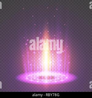 Magic fantasy portal. Futuristic teleport. Light effect. Blue candles rays of a night scene with sparks on a transparent background. Empty light effect of the podium. Disco club dancefloor. Stock Vector