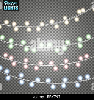 Christmas lights isolated on transparent background. Set of golden xmas glowing garland. Vector illustration Stock Vector