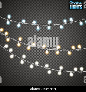 Christmas lights isolated on transparent background. Set of golden xmas glowing garland. Vector illustration Stock Vector