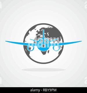 Globe and airplane icon isolated. Vector illustration. Travel concept Stock Vector