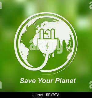 Globe and electrical plug icon. Vector illustration. Earth globe with power cable on bright green background. Stock Vector