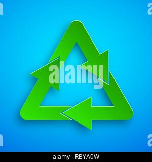 Paper art of the green recycle eco symbol with shadow. Vector illustration. Recycle icon is cut from paper. Stock Vector