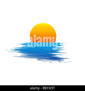 Abstract yellow sun and blue sea waves. Vector illustration. Travel or vacation concept Stock Vector
