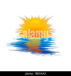 Abstract yellow sun and blue sea waves. Vector illustration. Travel or vacation concept Stock Vector