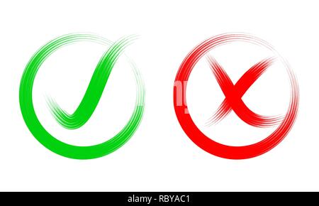 Hand drawn red cross and green check mark. Vector illustration. Symbols of Like and Dislike in a circle, isolated. Stock Vector
