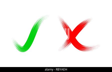 Hand drawn red cross and green check mark. Vector illustration. Symbols of Like and Dislike, isolated. Stock Vector