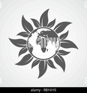 Globe icon with leaves on light background. Vector illustration. Ecology concept Stock Vector
