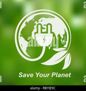 Leaves with electric cable and a plug. Vector illustration. Concept of green energy. Green power concept. Save your planet Stock Vector