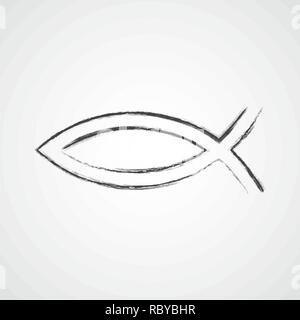Hand drawn Christian fish symbol. Vector illustration. Gray fish as a symbol of Christianity, on light background. Stock Vector