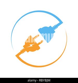 Wire, plug and socket. Vector illustration. Plug and socket in the circle. Concept of connection and disconnection of the electricity. Stock Vector