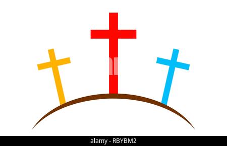 Colored Calvary icon with three crosses, on white background. Vector illustration. Calvary sign in flat design. Stock Vector