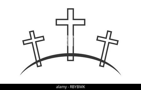 Calvary icon with three crosses on white background. Vector illustration. Black Calvary sign in flat design. Stock Vector