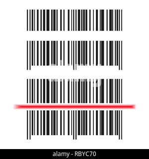 Set of Barcode icons. Vector illustration. Black barcode with red laser light. Stock Vector