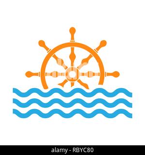 Yacht wheel with sea waves. Vector illustration. Steering Wheel from Ship and Boat isolated Stock Vector