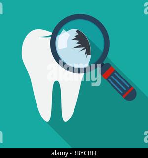 Cracked tooth with magnifier icon. Vector Illustration. Decay and destroy tooth or dental caries Stock Vector