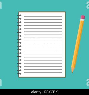 Notebook with yellow pencil. Vector illustration. Blank spiral notepad and pencil isolated Stock Vector