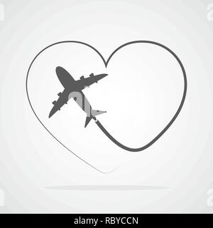 Flight of the plane and its way in the shape of a heart. Vector illustration. Concept of travel Stock Vector