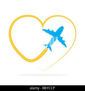 Flight of the plane and its way in the shape of a heart. Vector illustration. Concept of travel Stock Vector