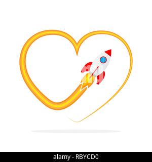 Flight of the rocket and its way. Vector illustration. Concept of travel Stock Vector