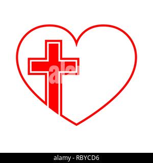 Heart with Christian cross. Red heart icon, isolated on white background. Vector illustration. Christian symbol. Stock Vector