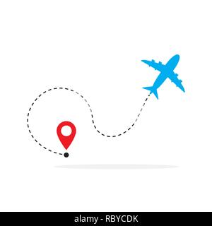 Plane and its track, route or way. Vector illustration. Travel concept Stock Vector