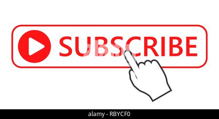 Click the button to subscribe. Vector illustration. Hand presses the subscribe button Stock Vector
