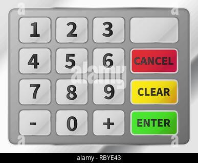 Bright realistic ATM keypad. Metallic glossy keyboard of automated teller machine Stock Vector