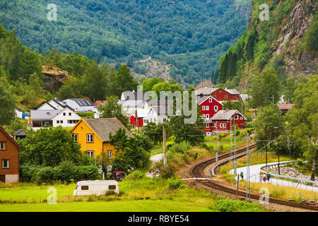 Norwegian fjord village landscape near Flam, Norway and Myrdal flamsbana railway Stock Photo