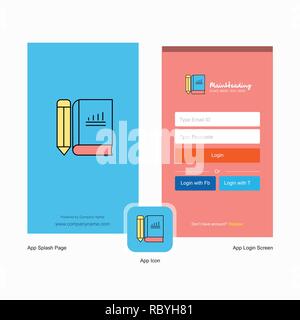 Company Book and pencil Splash Screen and Login Page design with Logo template. Mobile Online Business Template Stock Vector