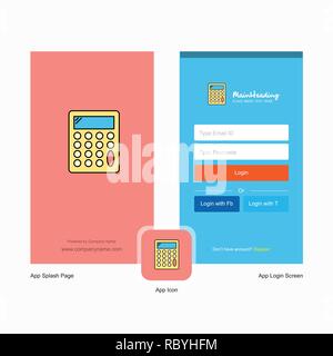 Company Calculator Splash Screen and Login Page design with Logo template. Mobile Online Business Template Stock Vector