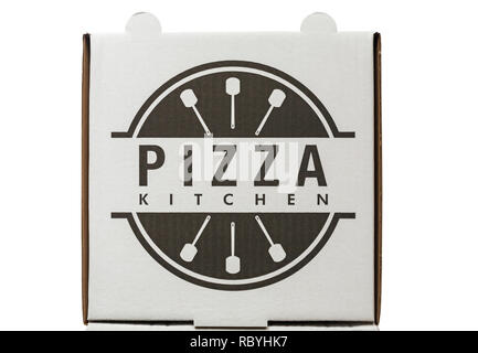 Pizza Kitchen pizza box set on white background - looking down on from above Stock Photo