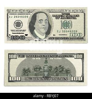 Realistic dummy one hundred USA dollars banknote, front and back detailed coupure isolated on white Stock Vector