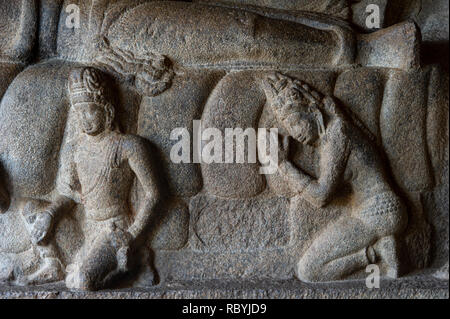 Rock carvings on the walls of monuments at Mahabalipuram Stock Photo