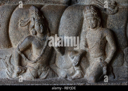 Rock carvings on the walls of monuments at Mahabalipuram Stock Photo