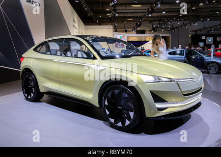 BRUSSELS - JAN 10, 2018: Skoda Vision E electric car showcased at the Brussels Expo Autosalon motor show. Stock Photo