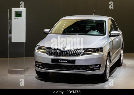 BRUSSELS - JAN 10, 2018: Skoda Rapid car showcased at the Brussels Expo Autosalon motor show. Stock Photo