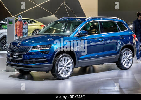 BRUSSELS - JAN 10, 2018: Skoda Karoq compact SUV car showcased at the Brussels Expo Autosalon motor show. Stock Photo
