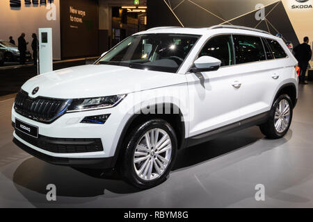 BRUSSELS - JAN 10, 2018: Skoda Kodiaq compact SUV car showcased at the Brussels Expo Autosalon motor show. Stock Photo