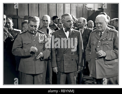 POTSDAM CONFERENCE Leaders of the “Big Three” countries of the anti-Hitler coalition at the Potsdam conference: the chairman of the USSR Council of People’s Commissars and chairman of the State Defense Committee of the USSR, Joseph Stalin, US President Harry Truman, British Prime Minister Winston Churchill. The Potsdam conference was held in Potsdam from July 17 to August 2, 1945 with the aim of determining the further steps for the post-war arrangement of Europe. Location: Potsdam, Germany Date: July 1945 Stock Photo