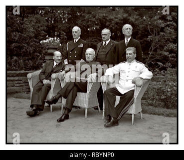 Leaders of the “Big Three” countries of the anti-Hitler coalition at the Potsdam conference: British Prime Minister (since July 28, 1945) Clement Attlee, US President Harry Truman, Chairman of the USSR Council of People’s Commissars and Chairman of the State Defense Committee of the USSR, Joseph Stalin. The Potsdam conference was held in Potsdam from July 17 to August 2, 1945 with the aim of determining the further steps for the post-war arrangement of Europe. Location: Potsdam, Germany Date: July-August 1945 Stock Photo