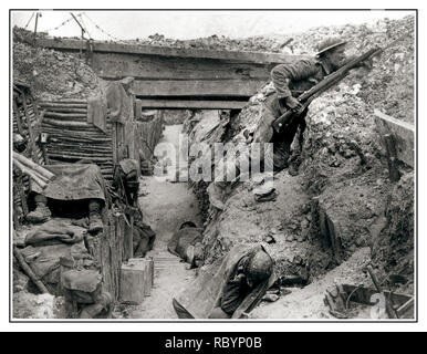 WW1 Battle of The Somme Trenches A German trench now occupied by British Soldiers resting during a lull in fighting near the Albert-Bapaume road at Ovillers-la-Boisselle, July 1916 during the Battle of the Somme. The men are from A Company, 11th Battalion, The Cheshire Regiment. Great Britain UK Stock Photo